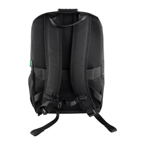 Ooze traveler backpack. Image showing the straps and back support. Black color backpack.