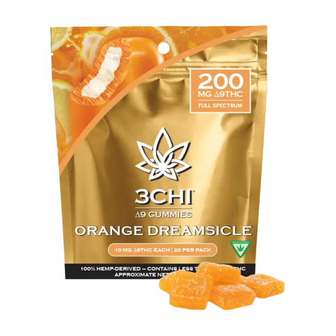 3 CHI Orange Dreamsicle delta-9 gummies. 10mg per piece 20 pieces per bag. gold and orange bag. 