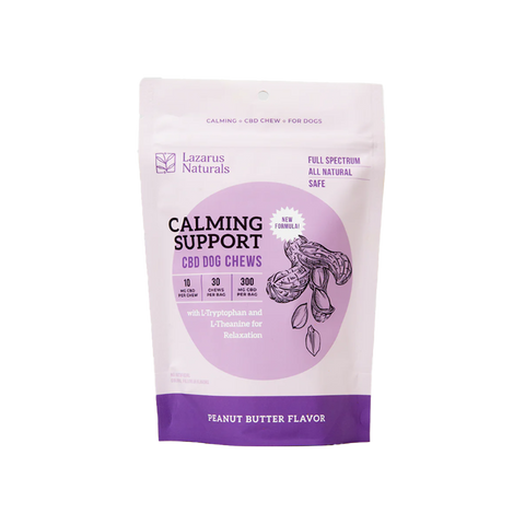 Lazarus Naturals Calming Support CBD Dog Chews Peanut Butter Flavor. White and Purple Package.