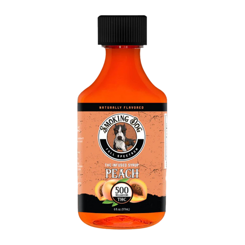 Smoking Dog Peach delta-9 syrup. 500mg per bottle. beige and red bottle.