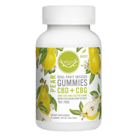 WYLD Pear CBD and CBG gummies. 40 count. White and yellow label on white bottle. 