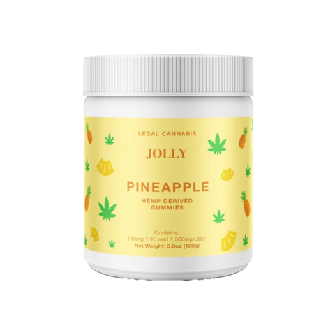 Jolly Cannabis Pineapple 10:1 Gummies yellow label on white jar