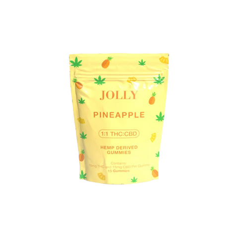 Jolly Cannabis Pineapple 1:1 CBD:THC gummies. Yellow bag