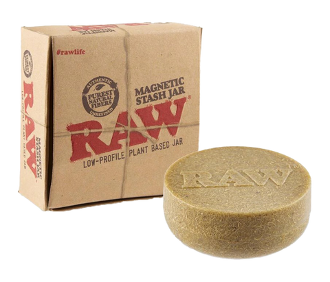 RAW Magnetic Stash Jar and package. tan product with tan package with red and black letters. 