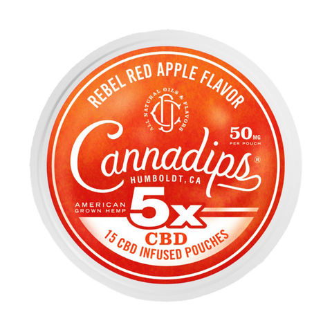 Cannadips 5x CBD infused pouches. 15 per container. White container with red label. 