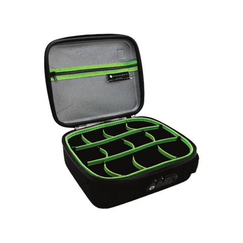 Stashlogix Silverton Smell Proof Case large size in black. Displayed open to show storage. 