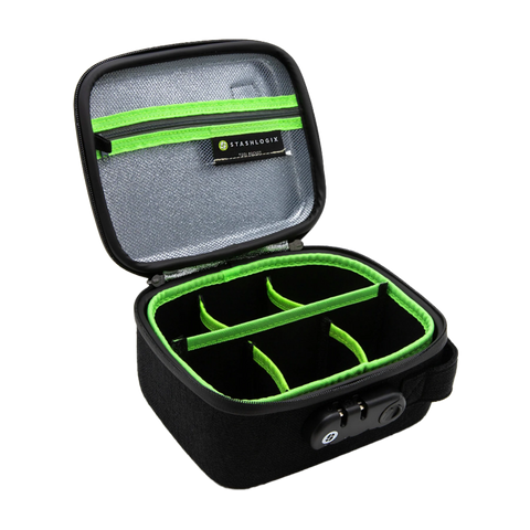 Stashlogix Silverton Smell Proof Case Medium Size in Black. Displayed open to show storage. 