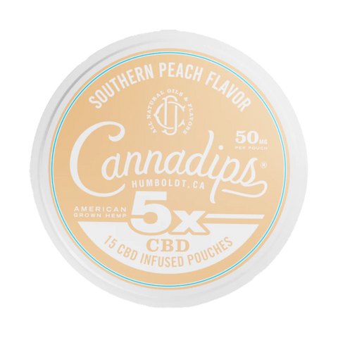 Cannadips Southern Peach flavor 5x CBD Pouches. White and orange circular tin.