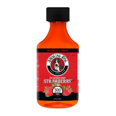 Smoking Dog Strawberry Delta-9 Syrup. 500mg per bottle. Red bottle