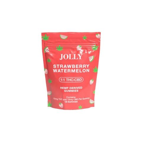 Jolly Cannabis Strawberry Watermelon 1:1 THC:CBD Gummies. Red bag