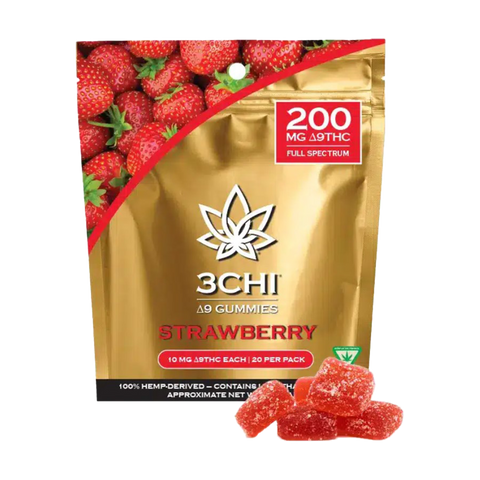 3 CHI Strawberry delta-9 gummies. 10mg thc per piece 20 pieces per package. Red and gold package. 