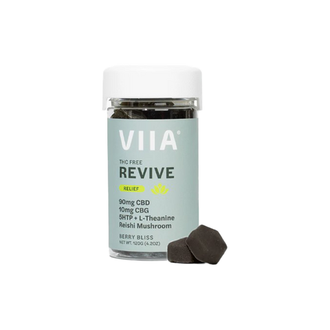 VIIA Hemp THC Free Revive CBD Gummies. Clear jar with grey label. 