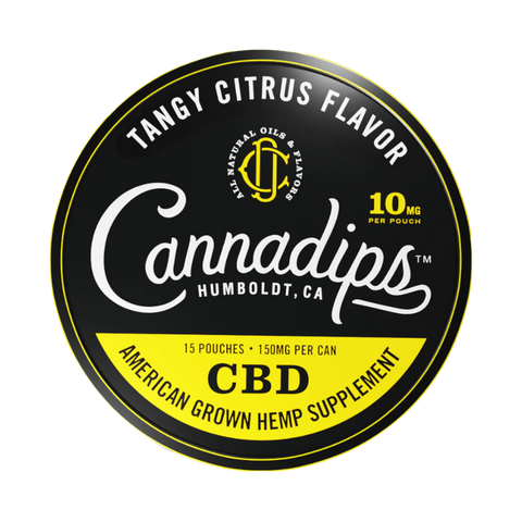 Cannadips Tangy Citrus CBD Pouches. Black and yellow circular tin. 