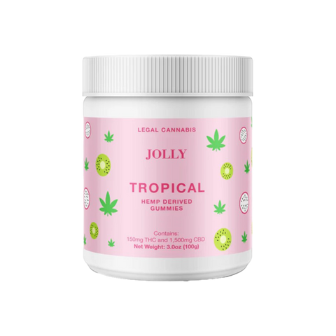 Jolly Cannabis Tropical 10:1 CBD:THC Gummies pink label on white jar.