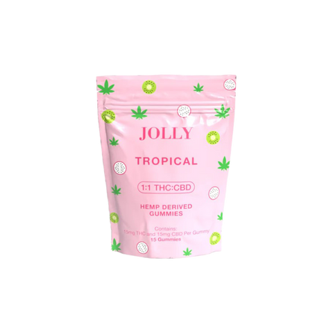 Jolly Cannabis Tropical 1:1 CBD:THC Gummies. Pink Bag