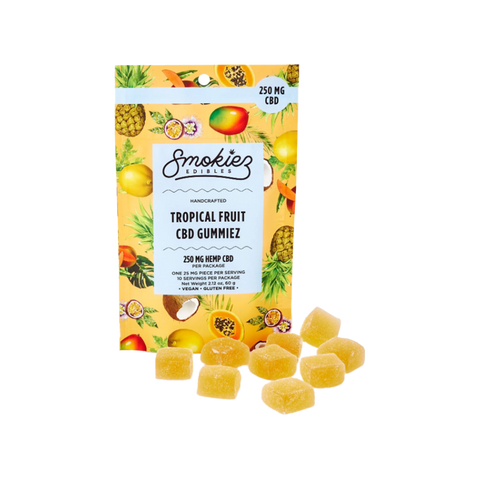 Smokiez Tropical Fruit CBD Gummies, yellow and blue package. 