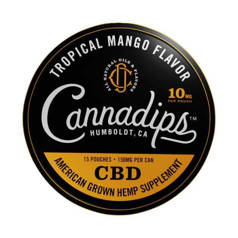 Cannadips Tropical Mango CBD Pouches. Black and orange circular tin.
