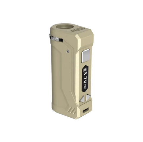 Yocan Uni Pro 2 vape battery. Gold color with silver buttons. 