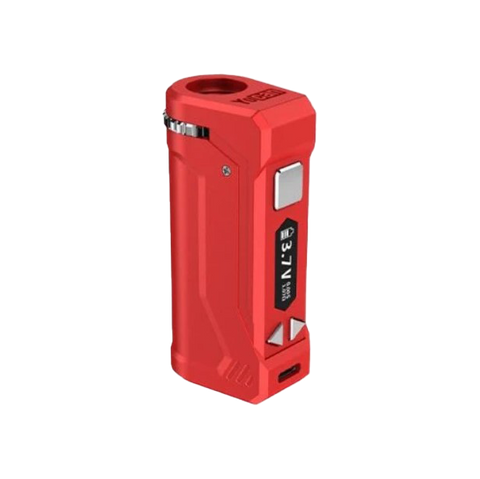 Yocan Uni Pro 2 vape battery. red color device with silver buttons. 