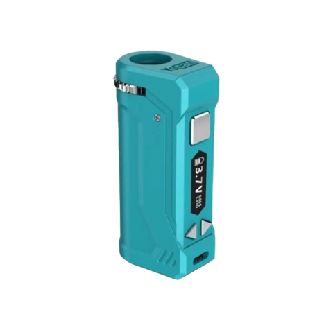 Yocan Uni  Pro 2 vape battery. teal device with silver buttons. 