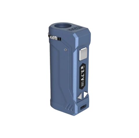 Yocan Uni Pro 2 vape battery. Blue color with silver buttons. 