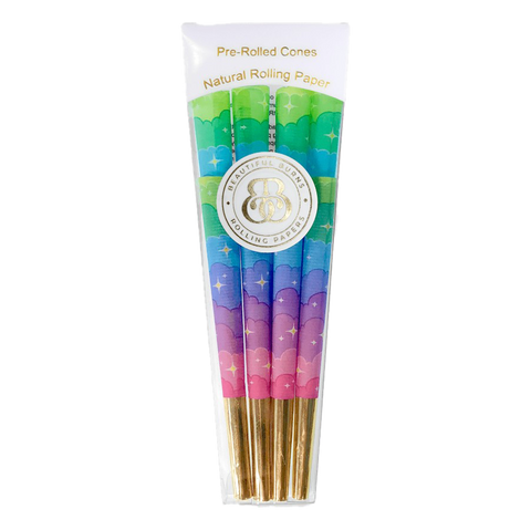 Beautiful Burns unicorn dreams 6 pack pre-roll cones. clear package with multicolor papers. 