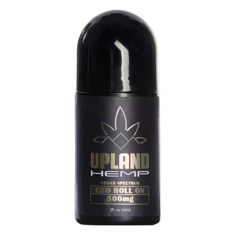 Upland Hemp 500mg CBD Roll on. Black container with gold lettering. 