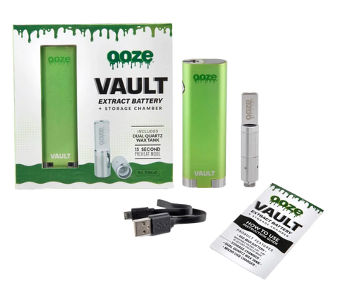 Ooze Vault vape device and accessories. Green Device, white and green packaging.