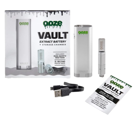 Ooze Vault vape device and accessories. silver color, white and silver packaging.