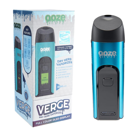 Image showing the Verge Dry Herb Vaporizer. Blue and Black device, blue and white package.