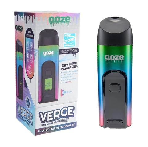 Image showing the Verge Dry Herb Vaporizer. Rainbow and black device, white and rainbow packaging.