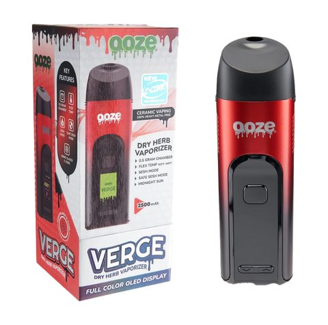 Image showing the Verge Dry Herb Vaporizer. Red and black device, red and white package.