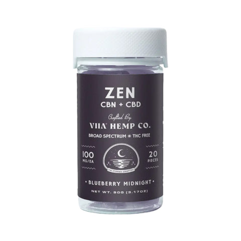 VIIA Hemp Zen CBD CBN broad spectrum gummies. THC Free. Blueberry Midnight flavor. Clear Jar with dark blue label. 