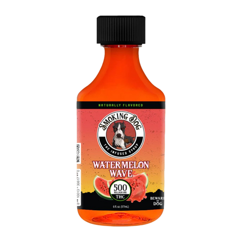 Smoking Dog Watermelon Wave Delta-9 Syrup. 500mg per bottle. Orange and red bottle