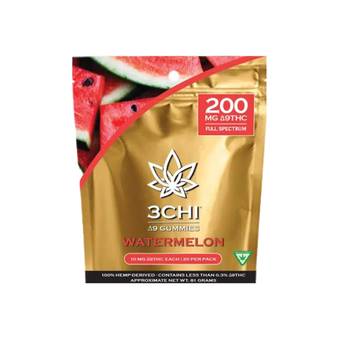 3 CHI watermelon delta-9 thc gummies. 10mg per piece 20 pieces per bag. Red and gold package. 