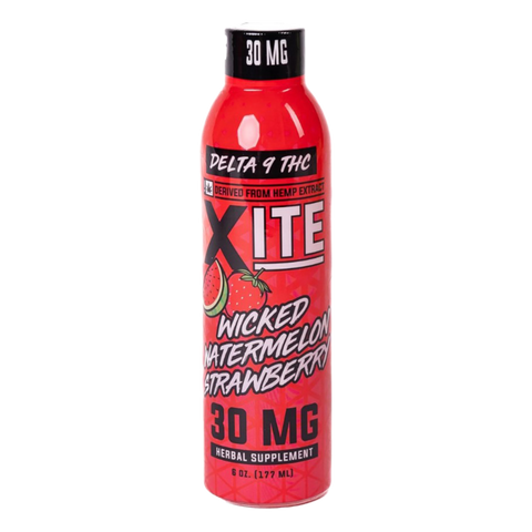 Xite Wicked Watermelon Strawberry drink. 30mg Delta-9 THC per serving. Red bottle.