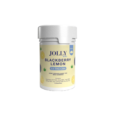 Jolly Mini Blackberry Lemon 1:1 THC:CBN gummies. 15ct yellow label on a white jar