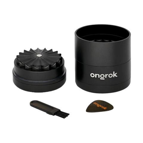 Ongrok 5 piece flower mill style grinder. Black product open showing the inside chamber. 
