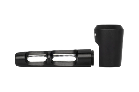 Ongrok black aluminum spoon pipe. two segments. A glass stem in a metal case with a metal bowl separate.