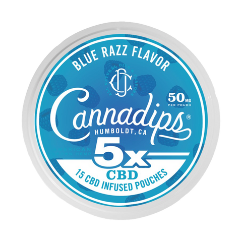 Cannadips 5x cbd pouches. Blue Razz Flavor. 15ct blue label on white tin