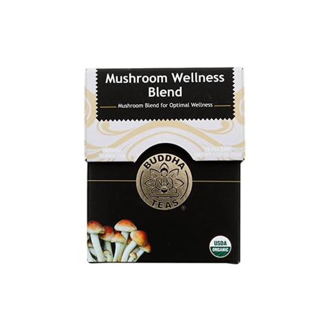 Buddha Tea Mushroom Defense CBD Tea. White and Black box.