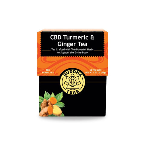 Buddha Tea Turmeric and Ginger CBD Tea. Orange and Black Box.