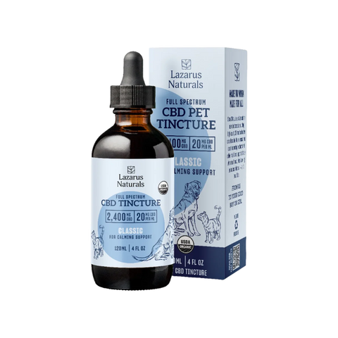 Lazarus Naturals Classic Pet CBD tincture. 120ml. Amber Bottle White and Blue packaging. 