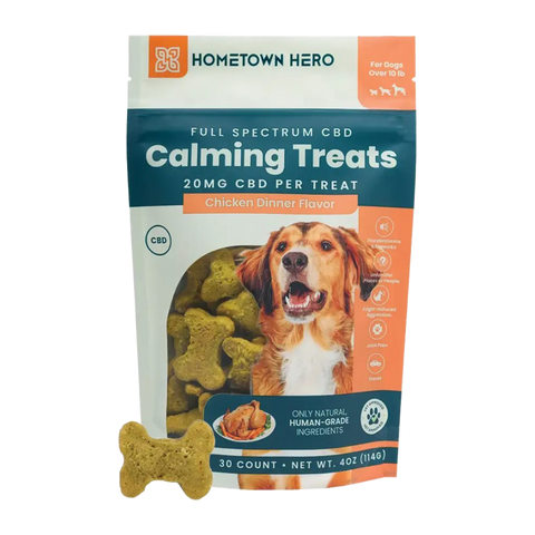 Hometown Hero Calming CBD dog treats. Chicken dinner flavor. 20mg per treat, 30 count per bag. orange and blue packaging 