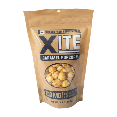 Xite Caramel Popcorn 100mg CBD and 100mg THC per bag. Tan color bag