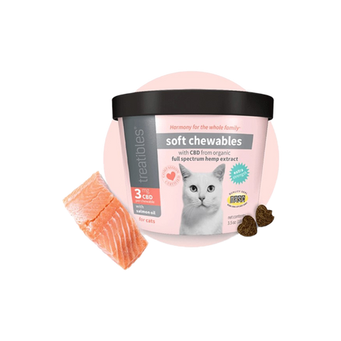 Treatibles Cat soft chews. 3mg CBD pink and black package.