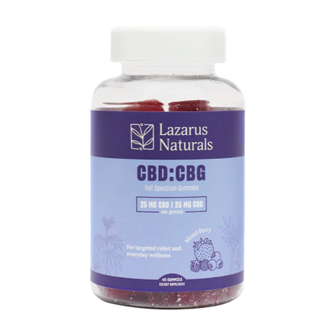 Lazarus Naturals CBD:CBG gummies. 40ct blue and purple label on a clear jar