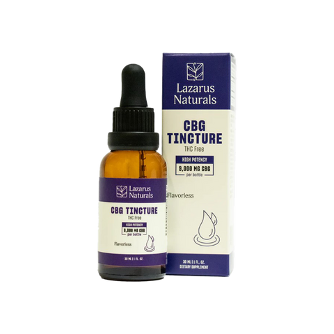 Lazarus Naturals CBG isolate Tincture 9000mg per bottle. white and blue label on an amber bottle