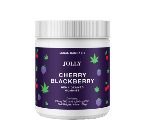 Jolly Cherry Blackberry 10:1 CBD THC gummies. Purple label on white jar