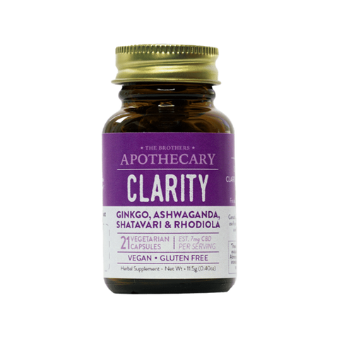 Brothers Apothecary Clarity Capsules white and purple label on amber bottle. 